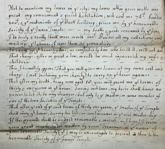Petition of Richard Ball, Master of the Temple, to rebuild the Master’s House, November 1666 (MT/21/1/94/2/23)