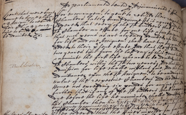 Order of the Inn’s Parliament that any gentleman who rebuilds his burnt down chambers be granted an assignment for life to the chambers and two assignments afterwards, 4 February 1679 (MT/1/MPA/6)