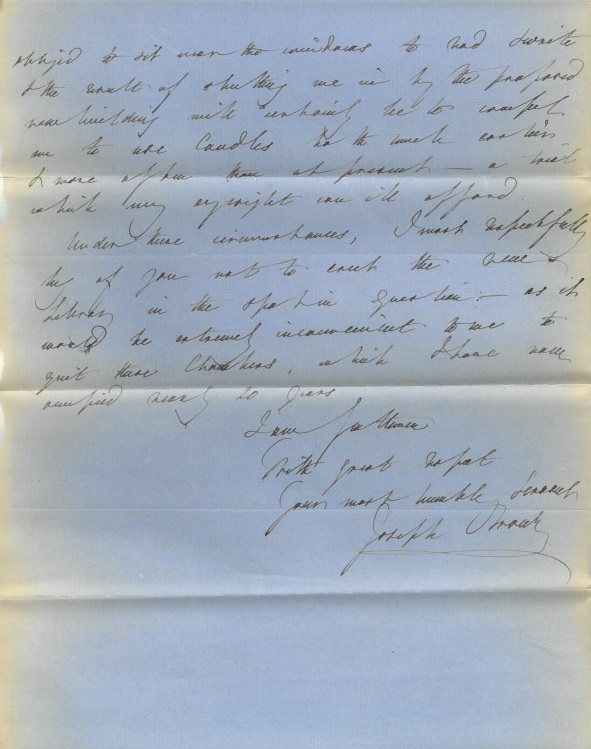 Letter regarding the blocking of light from Joseph Brown of 2 Essex Court, 10 February 1856 (MT/21/24/YE)