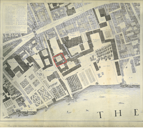 Plan of the Temple copied from John Ogilby’s map of London, 1677, with the possible location of the old Hall highlighted in red