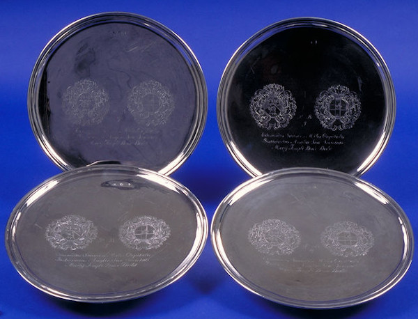 Salvers purchased with the donation of Sir Edmund Saunders, 1709 & 1740
