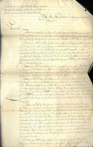 Petition of George Surridge, Steward, concerning the difficulties he encountered with making reason out of the perplexity of Mr Downing’s accounts and requesting an allowance in lieu of commons, c.1744 (MT/21/1/63/X/5)