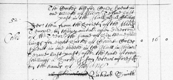Receipt referring to the use of ‘char coal’ for heating the Hall, 2 February 1649 (MT/2/TRB/7)