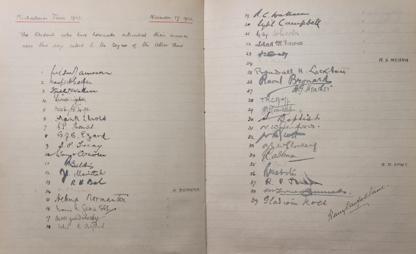 Signatures in the Call signatures book of the first women to be Called to the Bar at the Middle Temple, 17 November 1922 (MT/3/CMV/2)