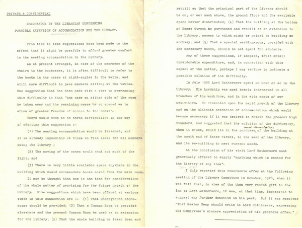 Memorandum by the Libarian concerning possible extension of accommodation for the Library, March 1933 (MT/9/LIB/69)