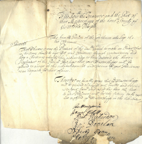 Petition of the gentlemen who kept Christmas 1683 requesting forgiveness for having kept Christmas (MT/21/1/117/III/10)