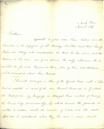 Letter from J. Wigg, surveyor, to the Benchers of the Middle Temple describing layouts of new cemeteries, 1817 (MT/15/TAM/241)