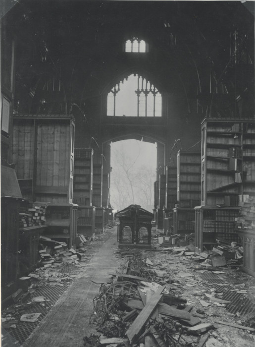 Photograph of destruction caused by a bomb exploding near the south-east corner of the library, 10 December 1940 (MT/19/PHO/5/10/1)