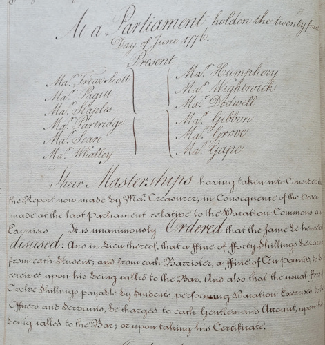 Order of Parliament that vacation commons and exercises be disused, 21 June 1776 (MT/1/MPA/9)