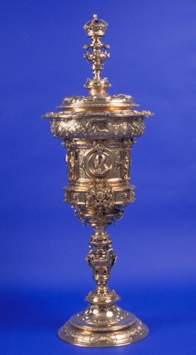 Massive silver-gilt pedestal Cup and Cover commissioned from Mappin Brothers, silversmiths, to celebrate the coronation of King Edward VII, 1904 