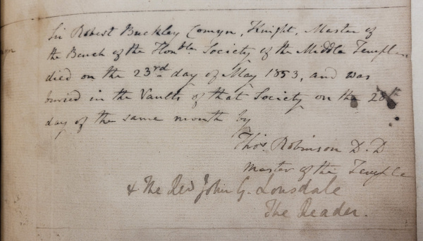 Burial record of Sir Robert Buckley Comyn of the Middle Temple, the last person to be buried in Temple Church, 28 May 1853 (MT/15/REG/3)