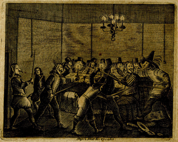 Assassination of Isaac Dorislaus, a Dutch Calvinist historian and important official during Oliver Cromwell’s rule, by masked Royalists, 1649 © The Trustees of the British Museum