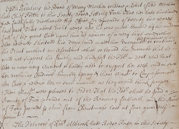 Record of the petition of Mary Machon, widow of Thomas Machon, late Chief Porter, who was injured by the Great Gate falling in a high wind, 8 February 1723 (MT/1/MPA/7)