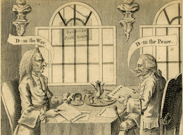 Satirical cartoon of two grumblers at Bedford Coffee House, Covent Garden, commenting on the negotiations for peace near the end of the Seven Years’ War (1756-1763), 1762 © The Trustees of the British Museum