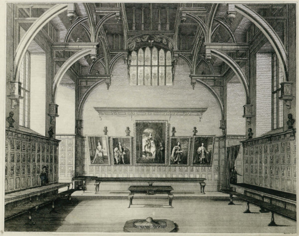 Print of the interior of Middle Temple Hall prior to the removal of the medieval-style open hearth fireplace, 1800 