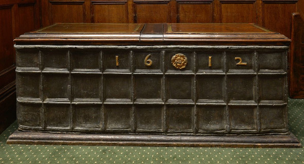 A lead cistern converted into a chest with a later wooden lid made from a remnant of Temple Bridge, c.1612