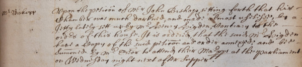 Complaint about a jetty constructed by Mr. Henry Higden that made a neighbouring chamber ‘much darkened and almost useless’, 23 November 1666 (MT/1/MPA/6)