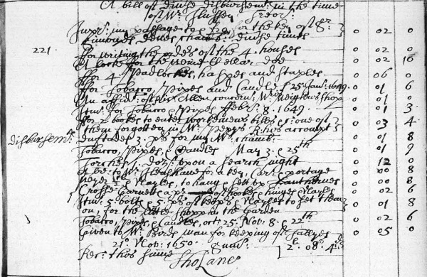 Receipt for expenses including tobacco, pipes and candles, 1649-1650 (MT/2/TRB/8)