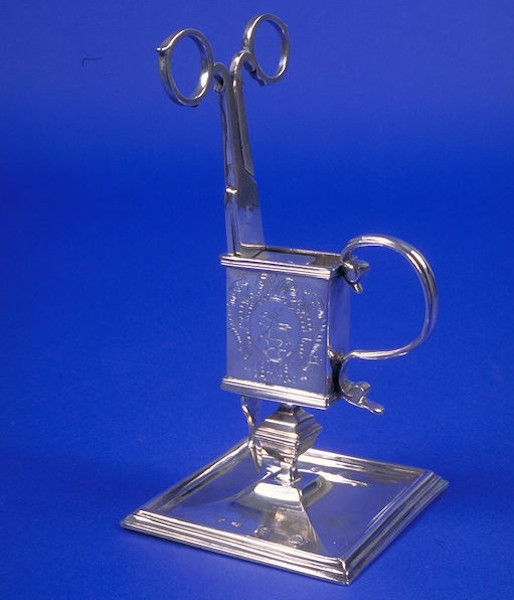 Silver Candle Snuffer Stand with Snuffer Scissors used for extinguishing candles and wick trimming, 1690