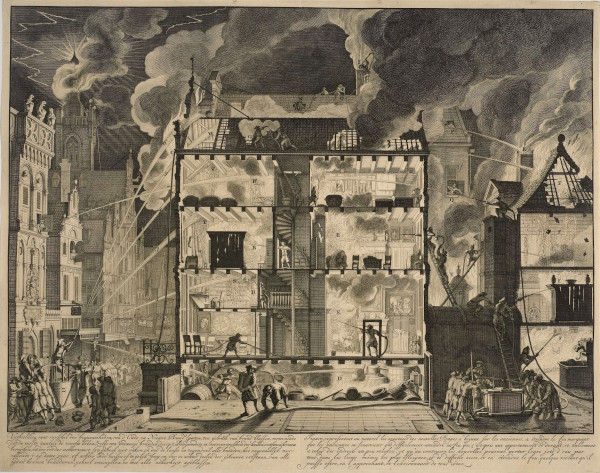 A print showing the effectiveness of different fire-engines, the older type in use during the Great Fire on the right and newer, safer engines on the left, c.1690 © The Trustees of the British Museum
