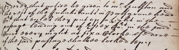 Order of Parliament commanding that tenants put up a light in the passage leading out of Essex Court every night, 28 January 1697/98 (MT/1/MPA/6)