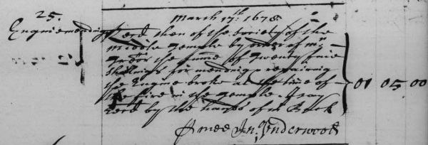 Receipt for repairing a fire engine ‘broke at the time of the fire in the Temple’, 17 March 1679 (MT/2/TRB/37)