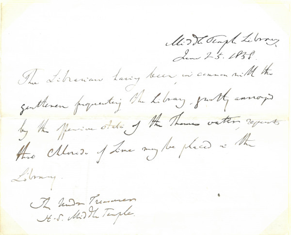 Letter from the Librarian to the Under Treasurer, requesting lime chloride to alleviate the smell in the Library during the Great Stink, 25 June 1858 (MT/2/TUT/123)