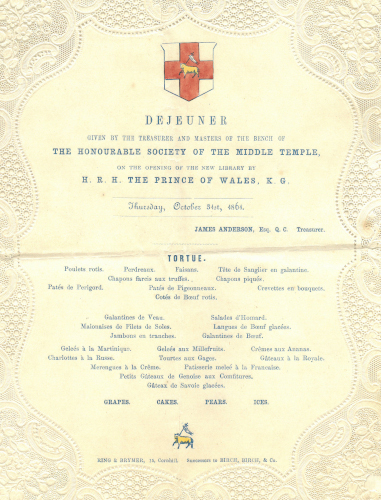 Menu for the ‘dejeuner’ held on the opening of the new Library by the Prince of Wales, 31 October 1861 (MT/7/ROY/3/1)