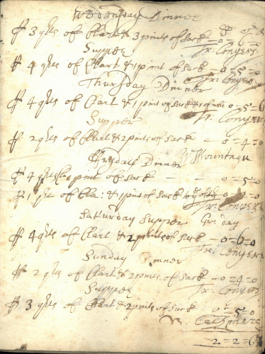 Booklet recording the daily consumption of claret and sack, now known as port, at dinner and supper, Michaelmas Term 1673 (MT/7/WBA/4)
