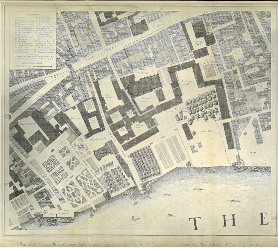 Section of a map of London produced by John Ogilby showing the Temple, 1677