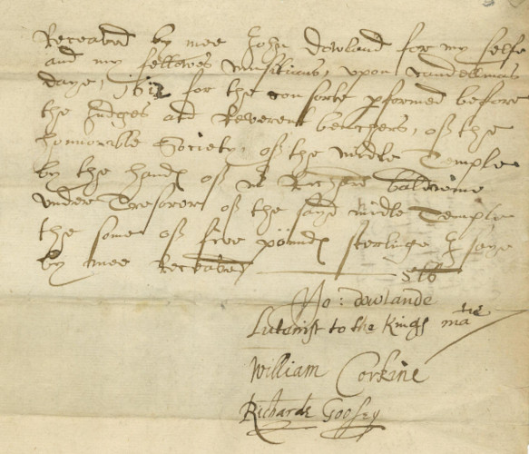 Receipt signed by John Dowland, Lutenist to the King’s Majesty, for a performance at Candlemas 1612/13’ (MT/7/GDE/3)