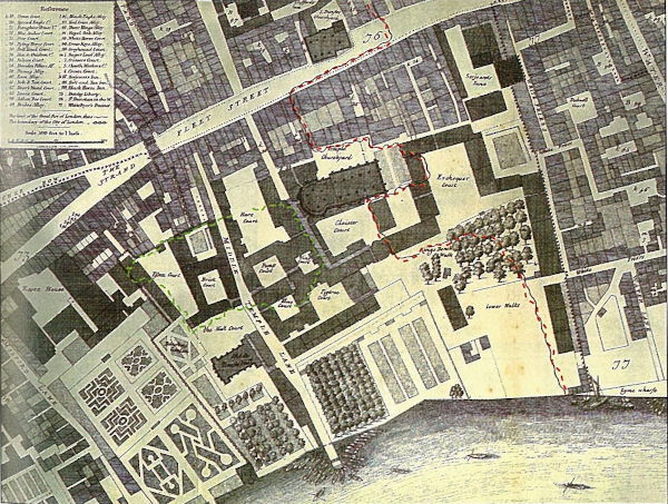 Plan of the Temple from John Ogilby’s Map of London, 1677. The red line shows the extent of the Great Fire of 1666 and the green line the extent of the Temple fire of 1679. 
