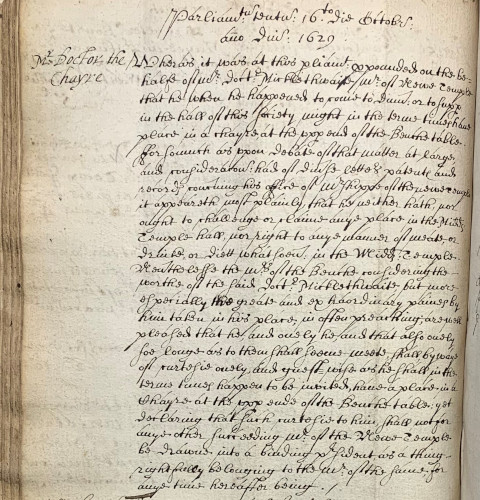 Order of the Middle Temple Parliament regarding Doctor Micklethwaite dining in Hall, 16 October 1629 (MT/1/MPA/5)