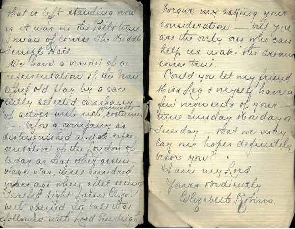 Letter from Miss Elizabeth Robins to the Treasurer requesting use of the Hall as a venue for a production of Twelfth Night, 21 November 1891 (MT/21/1/20/4/3)