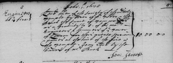 Receipt for payment to ‘Engineers & Gunners of the Tower of London for their ‘great service and pains at the time of the fire’, 1 February 1679 (MT/2/TRB/37)