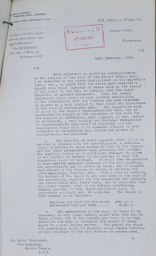 Letter from H.M. Office of Works regarding the condition of the Hall’s roof, 24 February 1922 (MT/6/RBW/225)