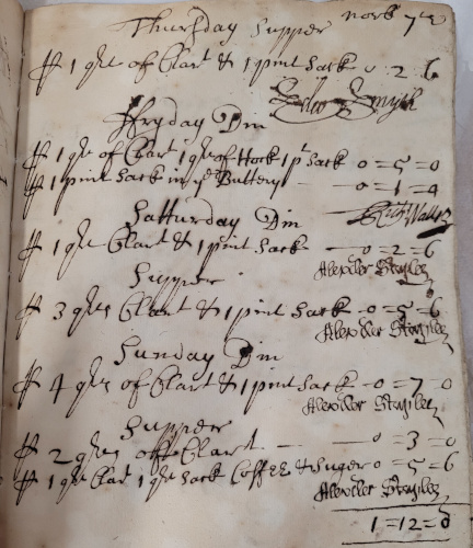 First recorded serving of coffee in the Wine butler’s account book, 10 November 1695 (MT/7/WBA/85)