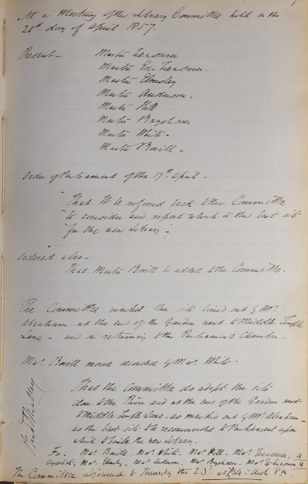 Library Committee minutes discussing plans for the new Library’s location, 14 April 1857 (MT/9/LCM/1)