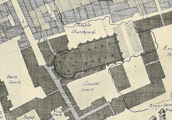 Plan of the Temple showing the North Churchyard with ‘Cloister Court’ and the Lamb Building to the south, 1677