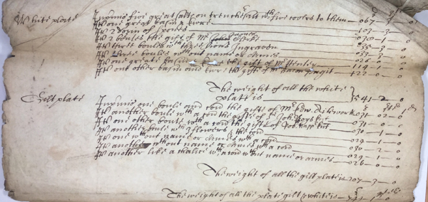 List of silver-plate owned by the Middle Temple, 1637-1638, sold in 1649 (MT/2/TAS/1)