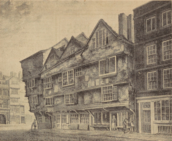 Reproduction of a painting of Chancery Lane by William Capon, 1798. Inner Temple Gate with the Rainbow Tavern to its right can be seen on the left-hand side of the image (MT/19/ILL/E/E12/13)
