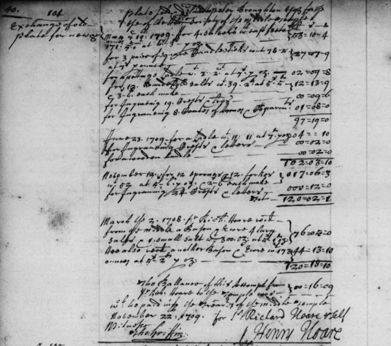 Receipt for an order of silverware from Sir Richard Hoare and Henry Hoare, goldsmiths, 1709 (MT/2/TRB/67)