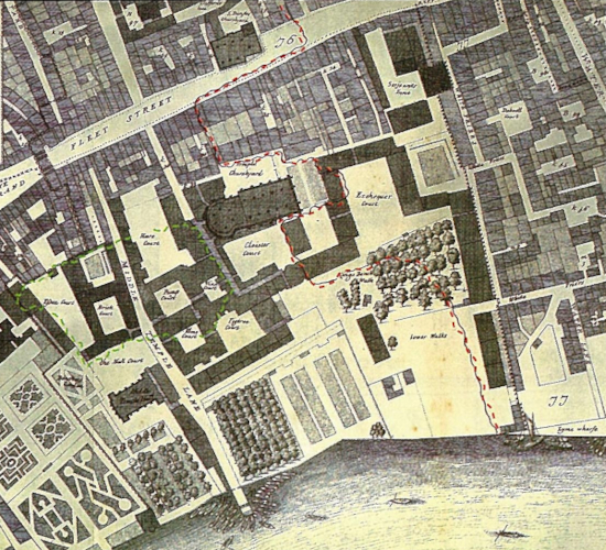 Plan of the Temple from John Ogilby’s map of London, 1677, with the extent of the Temple fire shown in Green on the left and the Great Fire of London in red on the right