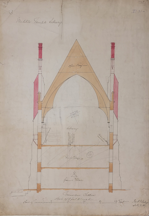 Plan showing a transverse section of the Middle Temple Library, 3 July 1867