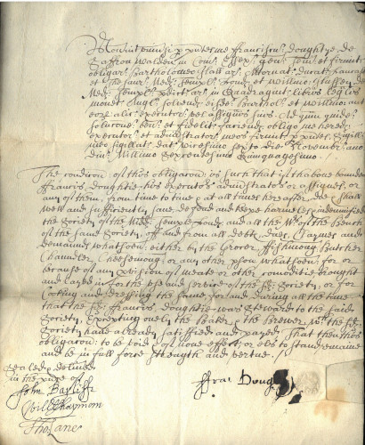 Bond of obligation of John Doughtye, Steward, indemnifying him against any debts owed to the Grocer, Fishmonger, Butcher, Chandler of Cheesemonger, 26 November 1650 (MT/21/2/7/JA)