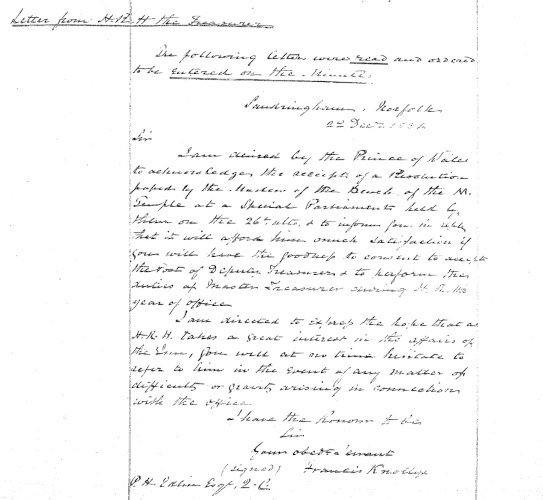 Record of a letter received from HRH The Treasurer in the Minutes of Parliament, 8 December 1886 (MT/1/MPA/19)