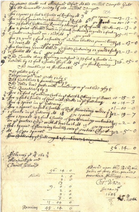 Receipt for the work of the carpenter on the Great Gate, signed by Sir Christopher Wren and Roger North, 1685 (MT/2/TAP/11)
