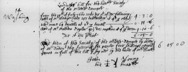 Receipt for the washing of table linen by laundresses, 1660 (MT/2/TRB/19)