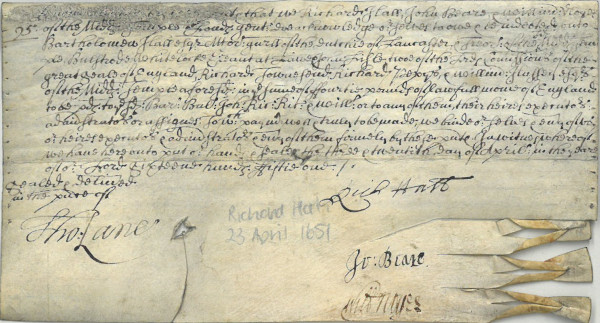 Bar bond of Richard Hall, admitted to the Inn on 23 April 1651 (MT/3/CBB/1)