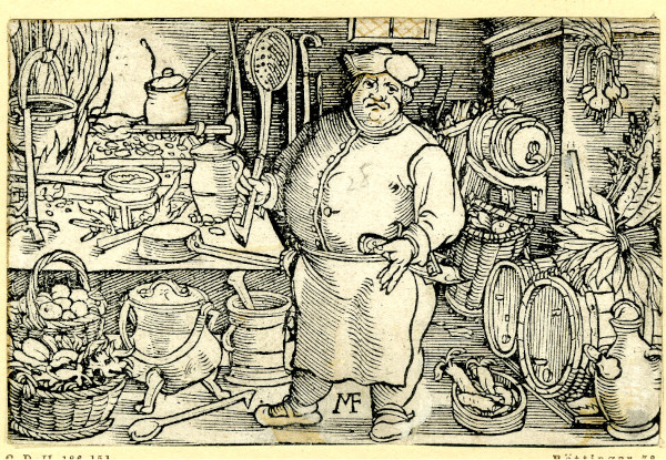 Woodcut of a stout cook in his kitchen, 1530 © The Trustees of the British Museum